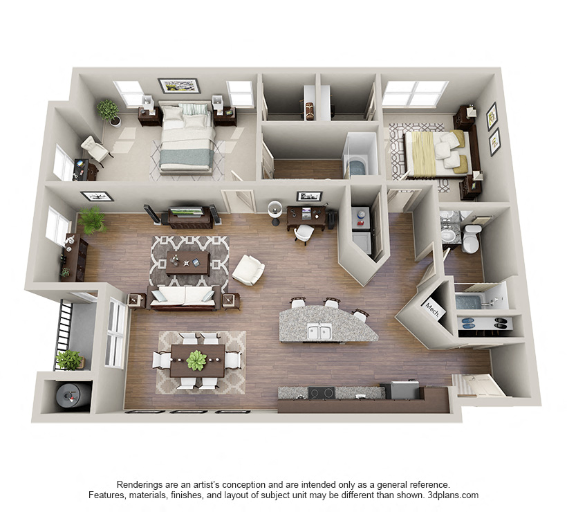 Floor plan for 2 beds, 2 baths, 1308 sqft